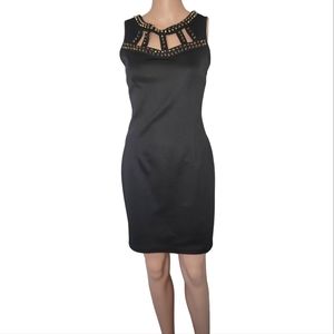 black bodycon dress with gold studs Tadashi Shoji Bodycon Black Stretch Vintage Dress w Gold Star Studs